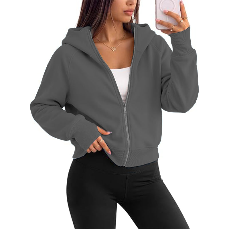 Women's full zipper hooded lightweight wool lined short jacket for autumn clothing