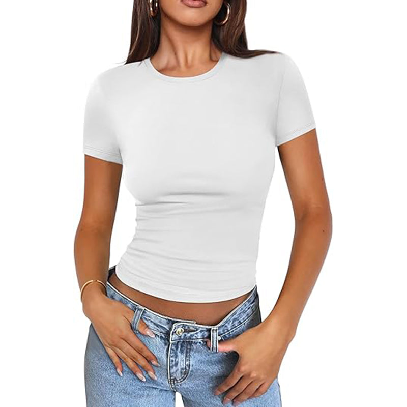 Women Basic Scoop Neck Short Sleeve Crop Cute Summer Top