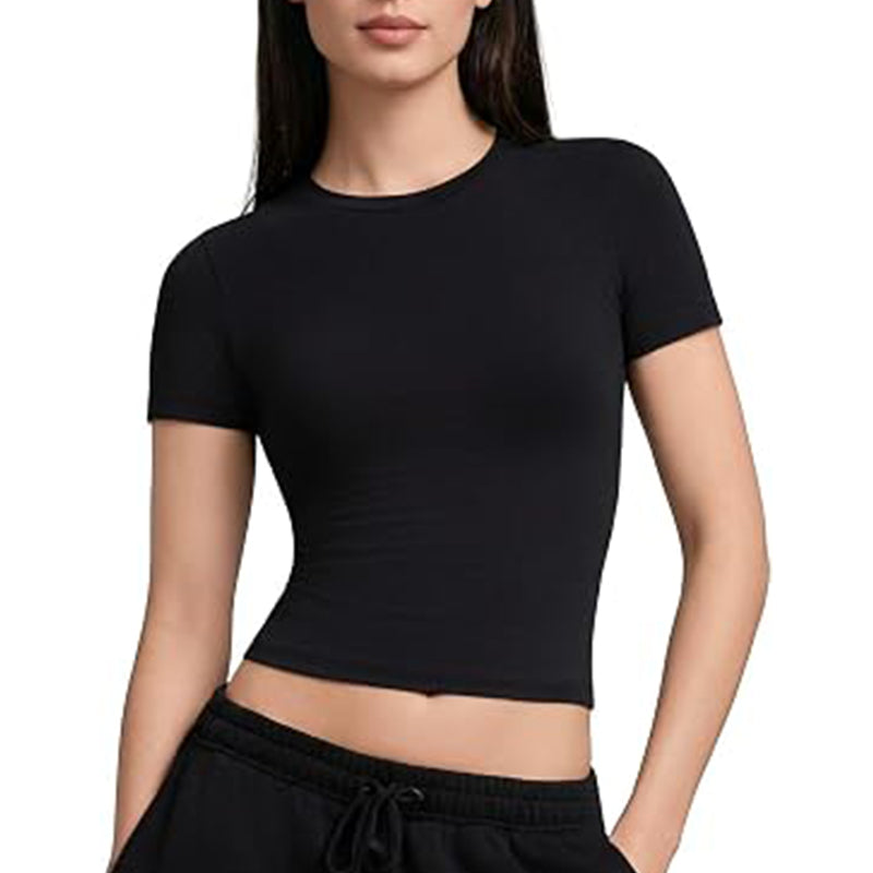 Women Basic T-Shirt Short Sleeve Crop Slim Fit Crew Neck Top