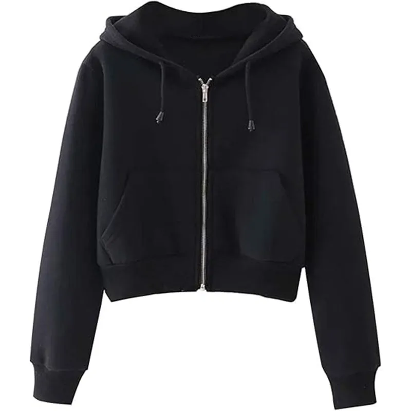Women Casual Cropped Hoodie Hooded Jacket Top