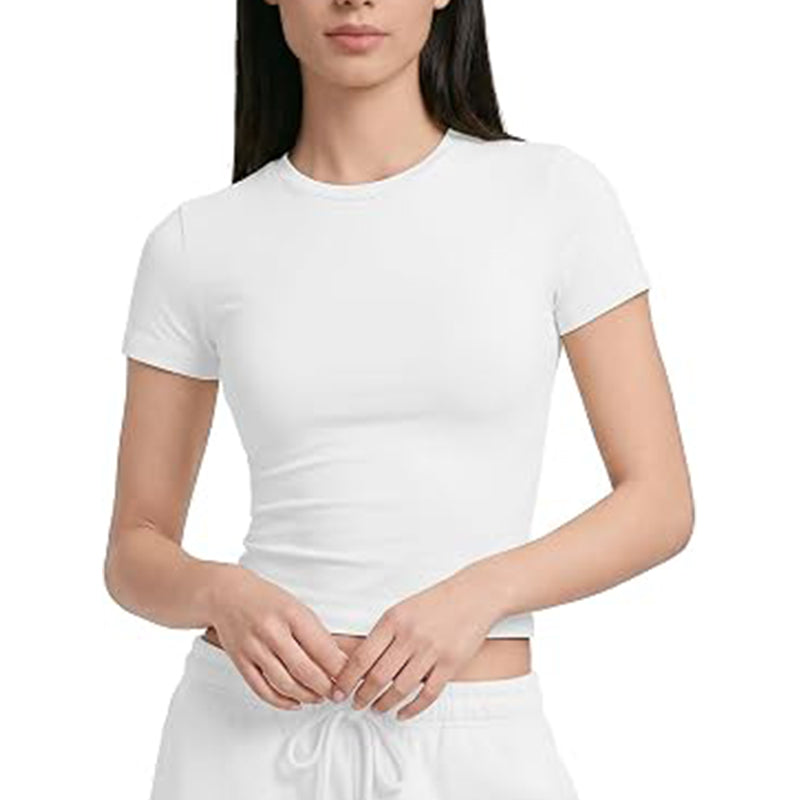 Women Basic T-Shirt Short Sleeve Crop Slim Fit Crew Neck Top