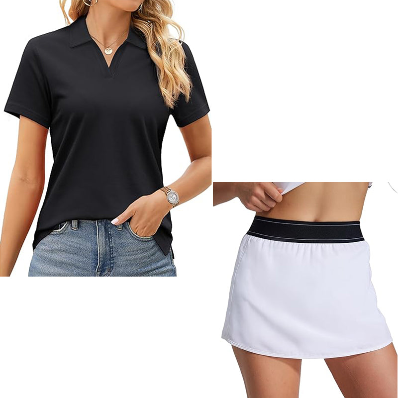 Women's two piece tennis skirt casual collar shirt summer sports short skirt set