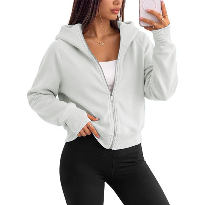 Women's full zipper hooded lightweight wool lined short jacket for autumn clothing