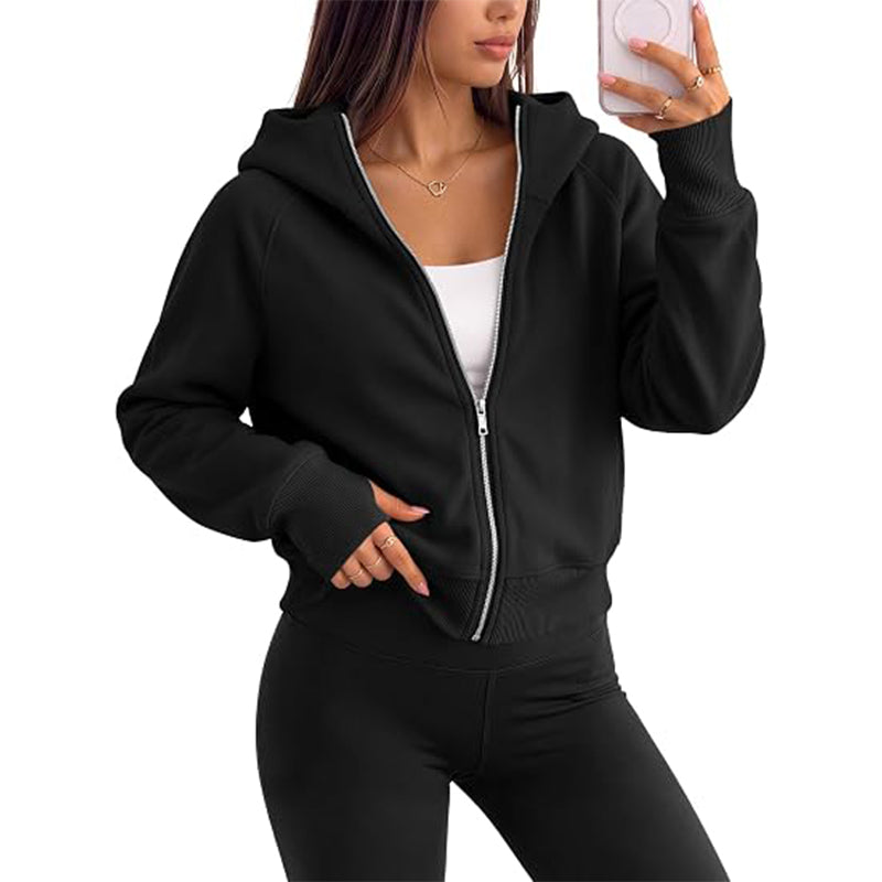 Women's full zipper hooded lightweight wool lined short jacket for autumn clothing