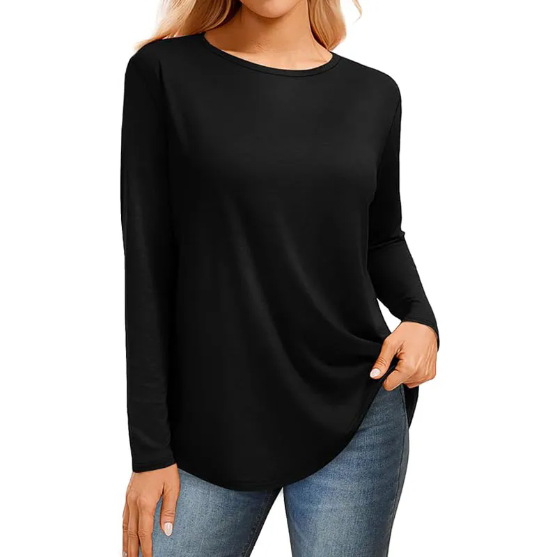 Women Ribbed Round Neck Slim Fitted T Shirts Basic Solid Long Sleeve