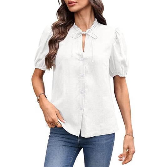 Women's Short Sleeve Ruched Collar Neck Tie