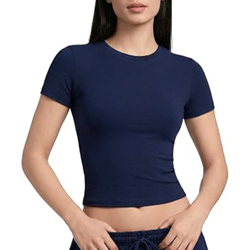 Women Basic T-Shirt Short Sleeve Crop Slim Fit Crew Neck Top