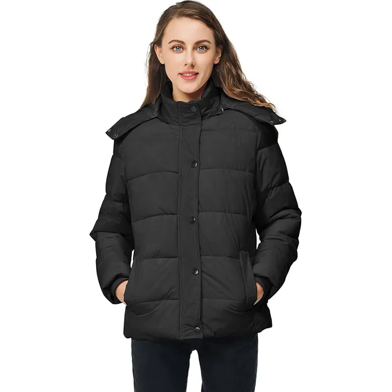 Women Puffer Jacket Long Sleeve Full Zipper Coat with Detachable Hood