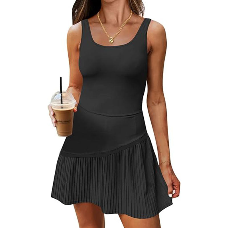 Women's tennis skirt with built-in shorts and bra, sleeveless pleated backless golf mini dress