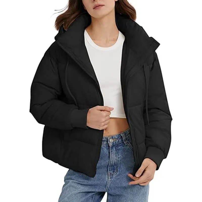 Women Hooded Puffer Jacket Zip Up Winter Quilted Warm Short Jacket Outerwear