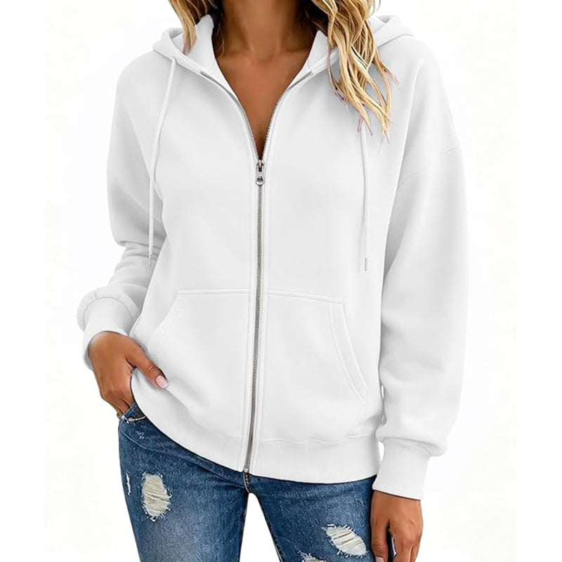 Women's sports shirt solid color full zipper hooded sweatshirt long sleeved pullover