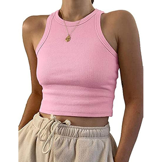 Women's basic sleeveless vest with exposed navel casual round neck tight top
