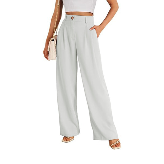 2 Color Women's Wide Leg Pants High Waist Pants with Pockets
