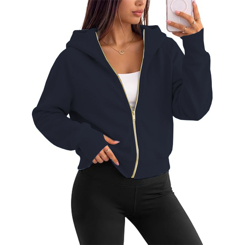 Women's full zipper hooded lightweight wool lined short jacket for autumn clothing