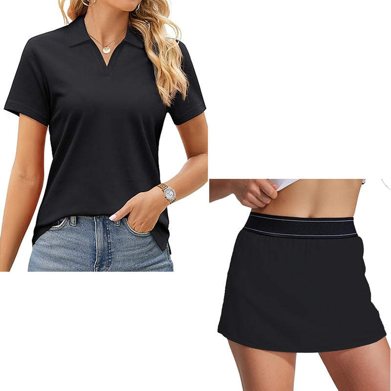 Women's two piece tennis skirt casual collar shirt summer sports short skirt set