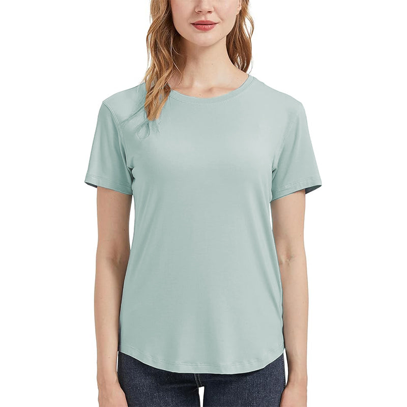 Women's Soft Bamboo Fiber Adhesive Fiber T-shirt with Curved Round Neck and Short Sleeve