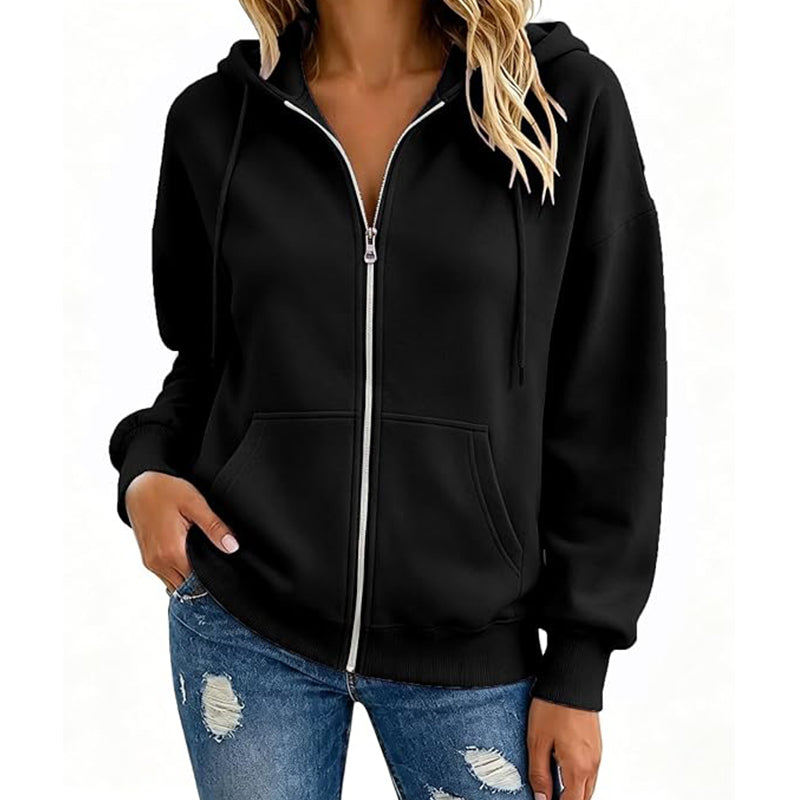 Women's sports shirt solid color full zipper hooded sweatshirt long sleeved pullover