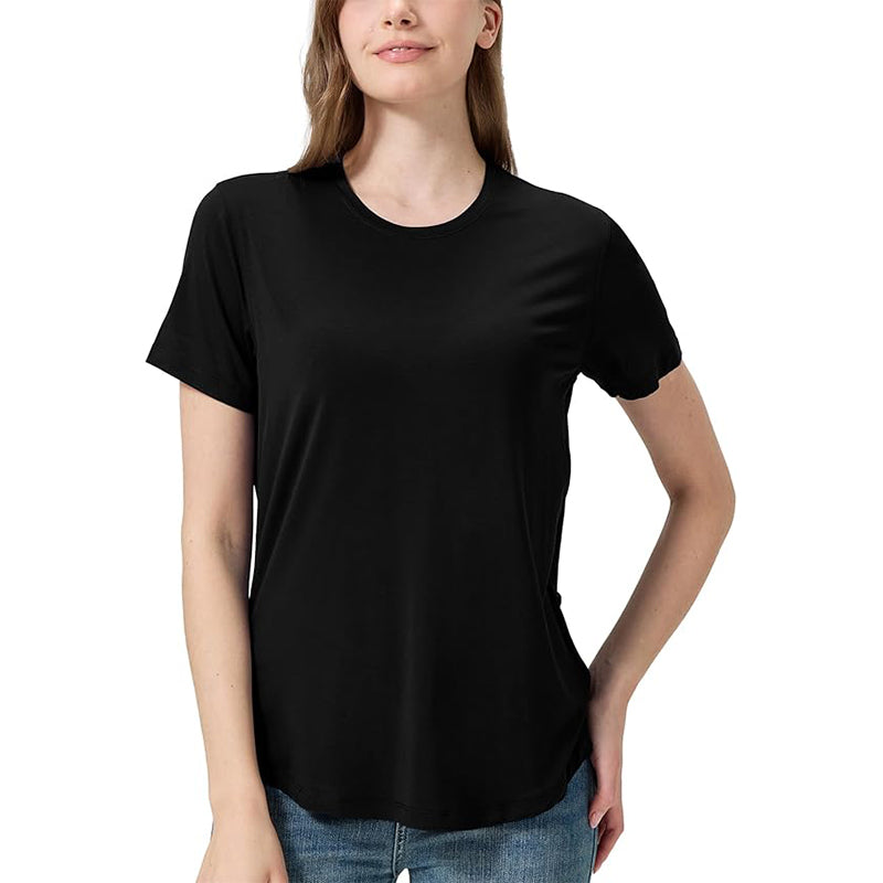Women's Soft Bamboo Fiber Adhesive Fiber T-shirt with Curved Round Neck and Short Sleeve