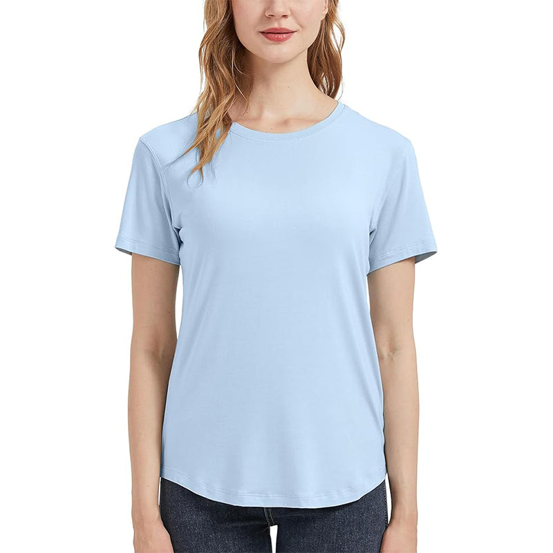 Women's Soft Bamboo Fiber Adhesive Fiber T-shirt with Curved Round Neck and Short Sleeve