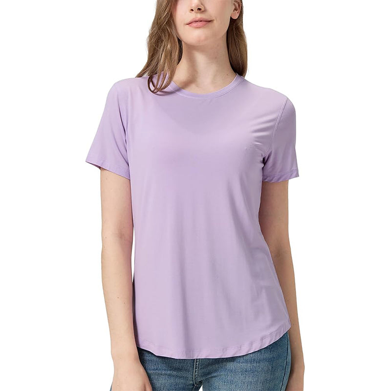 Women's Soft Bamboo Fiber Adhesive Fiber T-shirt with Curved Round Neck and Short Sleeve