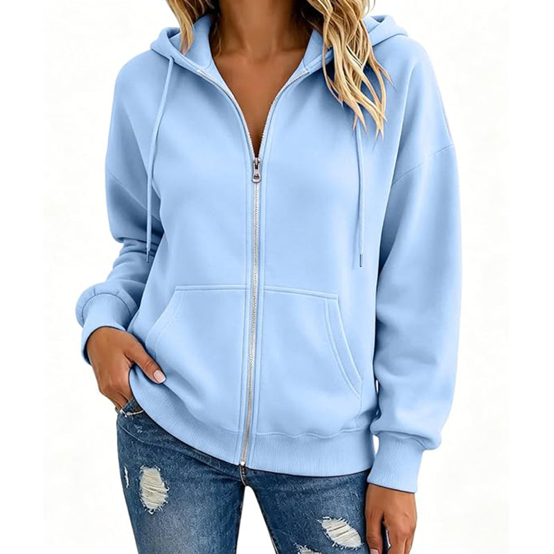 Women's sports shirt solid color full zipper hooded sweatshirt long sleeved pullover