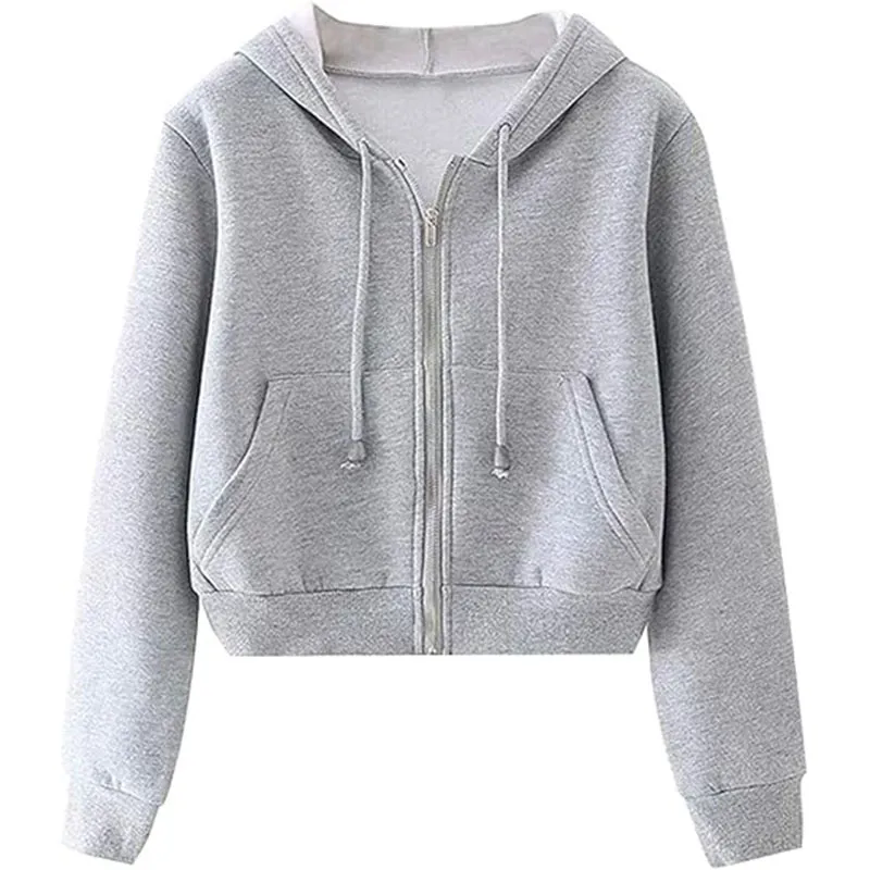 Women Casual Cropped Hoodie Hooded Jacket Top