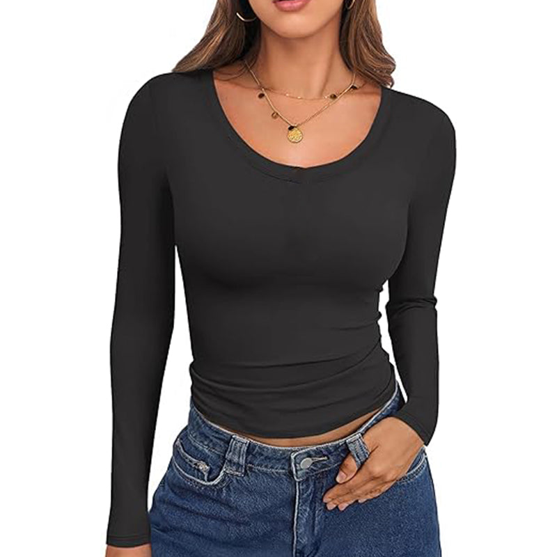 2025 Women Crewneck Long Sleeve Shirt Double Lined Basic Tees