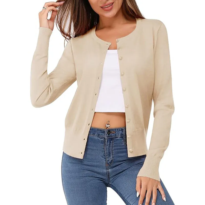 Women Long Sleeve Button Up Ribbed Knit Crop Cardigan