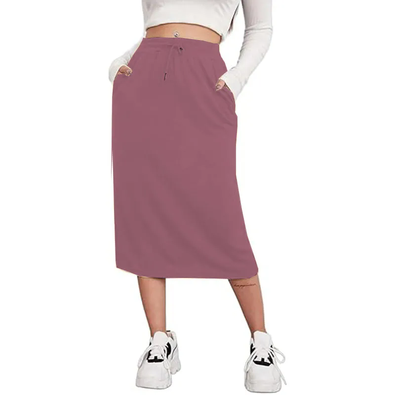 2024 Women High Waist Skirt Vintage Elastic Line Pleated Skirt with Pockets
