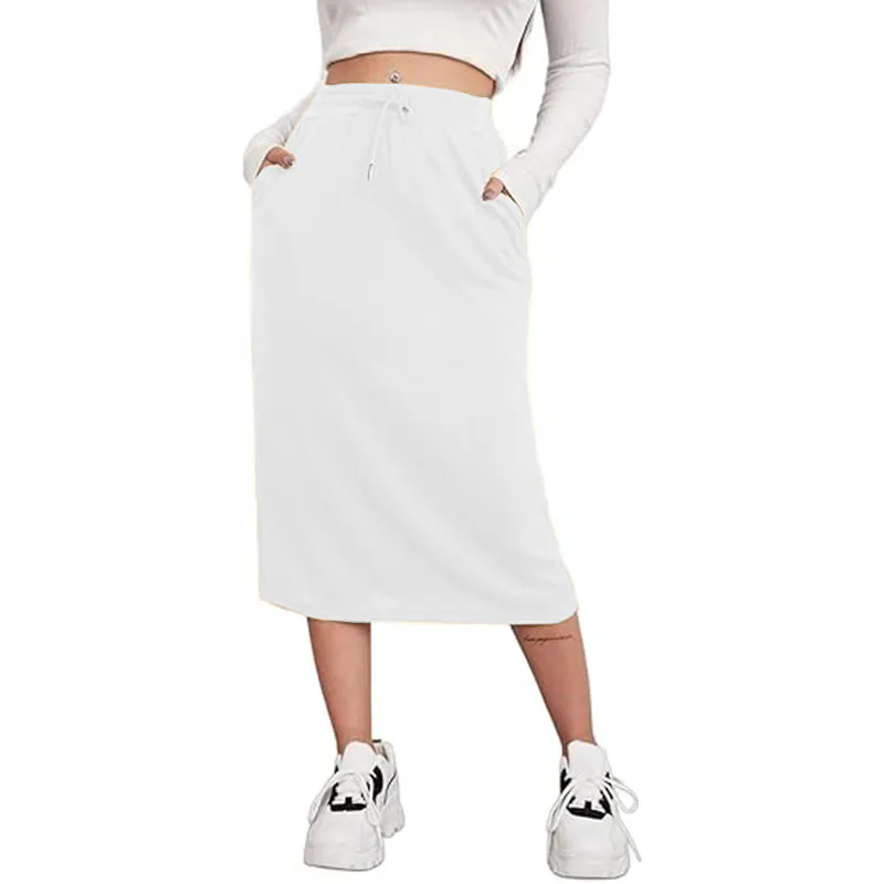 2024 Women High Waist Skirt Vintage Elastic Line Pleated Skirt with Pockets