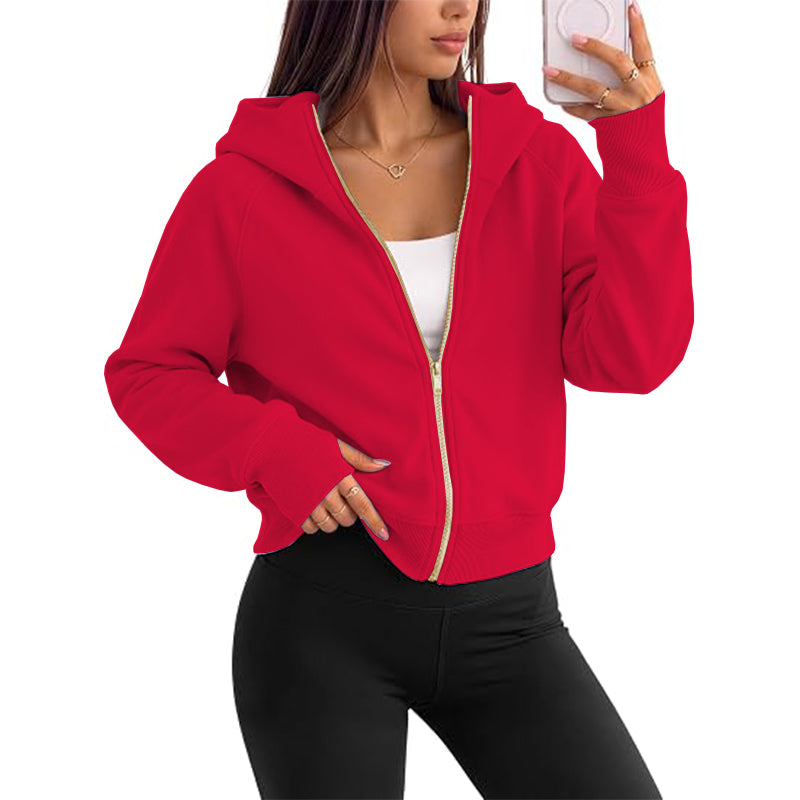 Women's full zipper hooded lightweight wool lined short jacket for autumn clothing