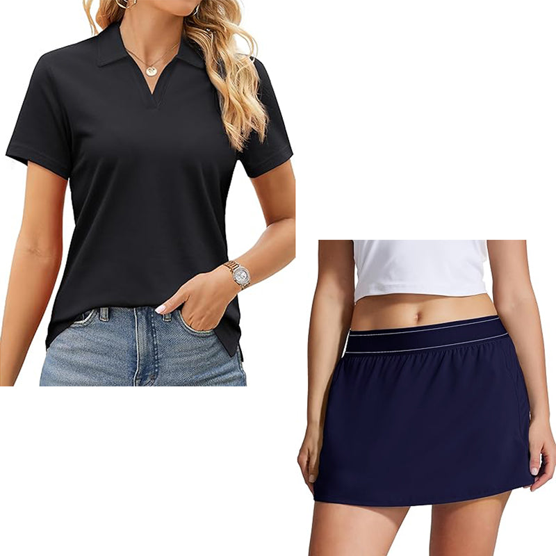 Women's two piece tennis skirt casual collar shirt summer sports short skirt set