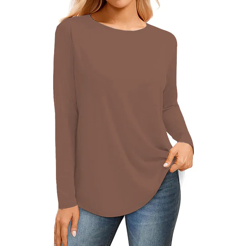 Women Ribbed Round Neck Slim Fitted T Shirts Basic Solid Long Sleeve