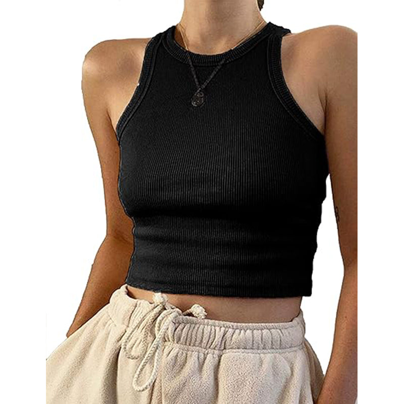 Women's basic sleeveless vest with exposed navel casual round neck tight top