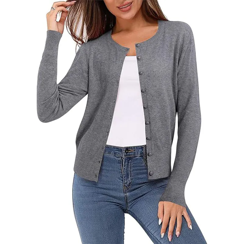 Women Long Sleeve Button Up Ribbed Knit Crop Cardigan