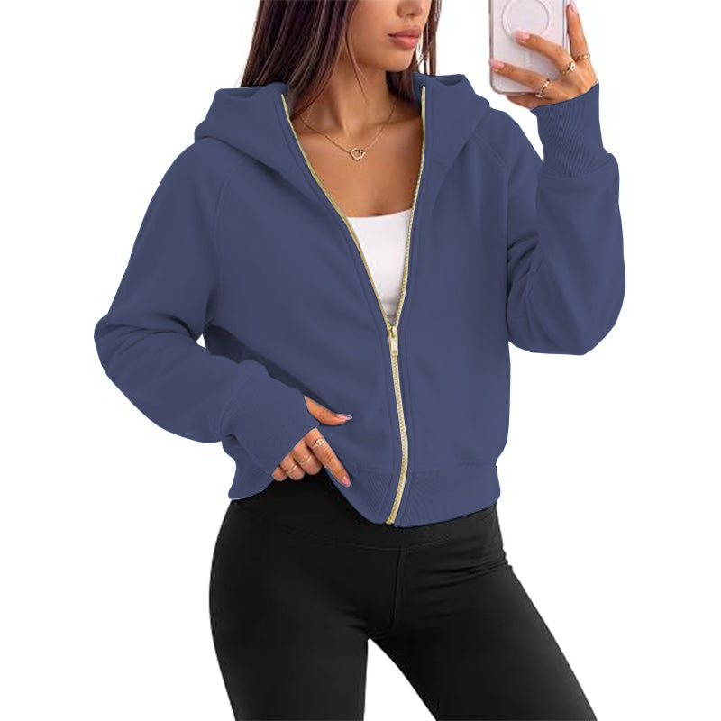 Women's full zipper hooded lightweight wool lined short jacket for autumn clothing