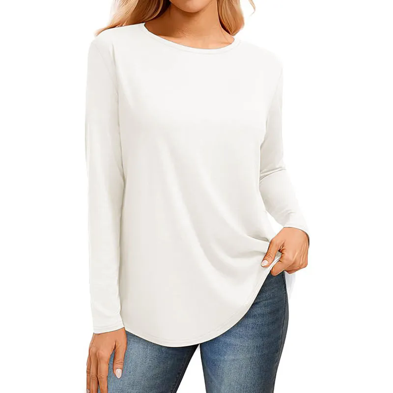 Women Ribbed Round Neck Slim Fitted T Shirts Basic Solid Long Sleeve