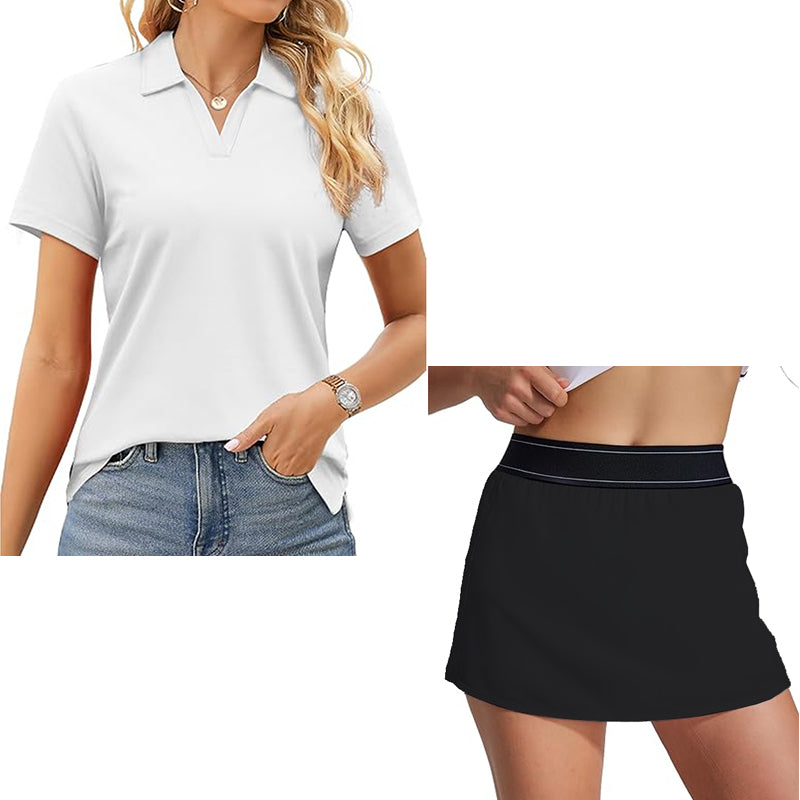 Women's two piece tennis skirt casual collar shirt summer sports short skirt set
