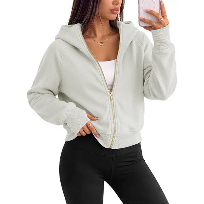 Women's full zipper hooded lightweight wool lined short jacket for autumn clothing
