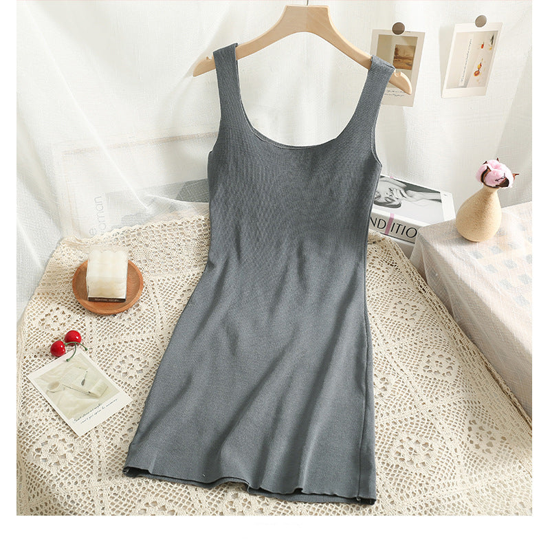 Women black knitted camisole waist cinching slimming dress