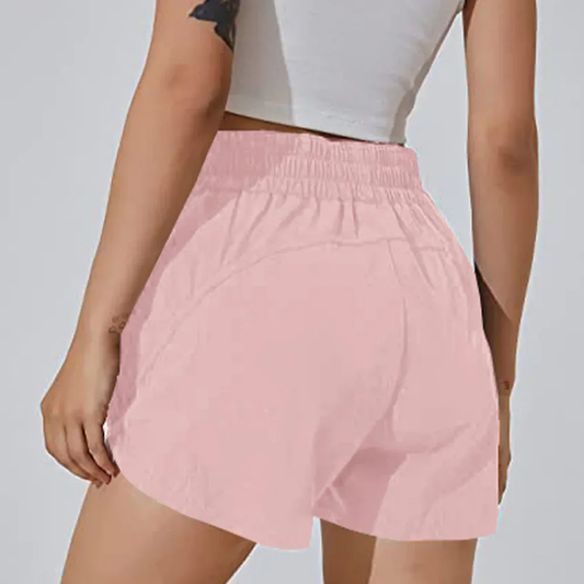 Women Running with Liner Zipper Pockets Elastic Athletic Gym Yoga Shorts
