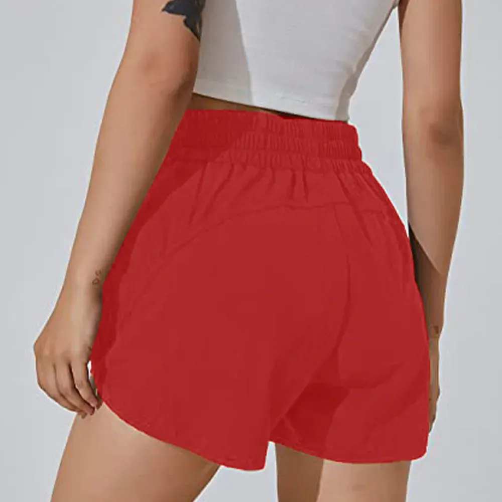 Women Running with Liner Zipper Pockets Elastic Athletic Gym Yoga Shorts