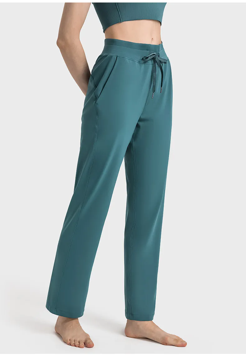 Women Wide Leg Elastic High Waisted Casual Pants Trousers with Pockets