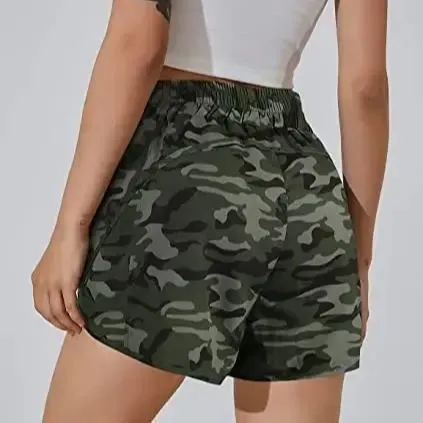 Women Running with Liner Zipper Pockets Elastic Athletic Gym Yoga Shorts